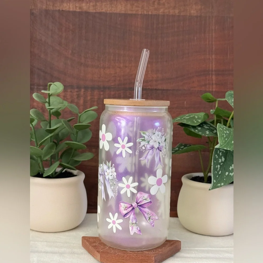 Purple Bows and Daisies Coquette Iridescent Glass Can with Pink Glass Cup - Picture 6 of 12